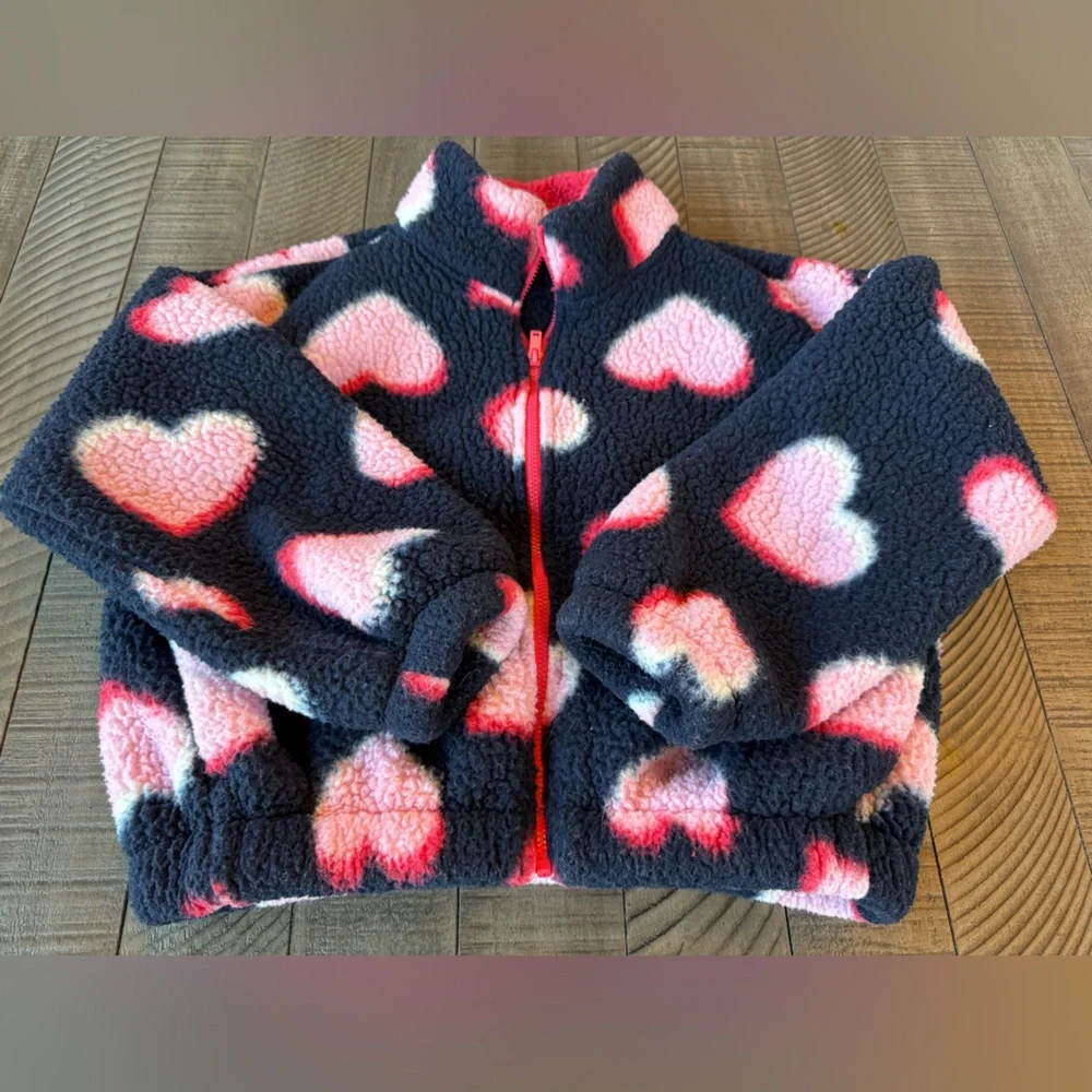 Old Navy Heart Printed Mock-Neck Sherpa Full-Zip Jacket Youth Size Medium (8)